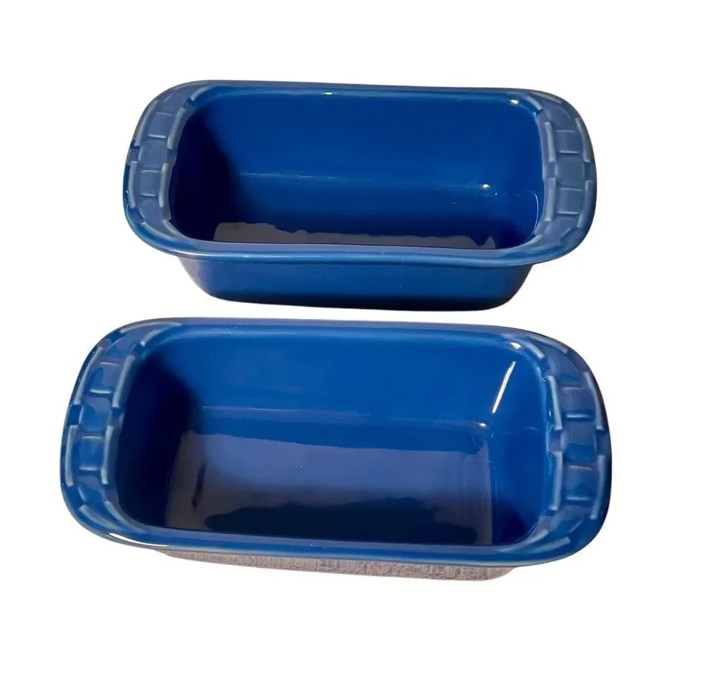 Longaberger Pottery Woven Cobalt Blue Vitrified Loaf Pan Baking Dish USA Set 2